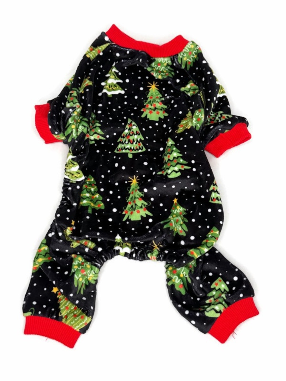 Holiday Dog Onesie in Black with Christmas Trees